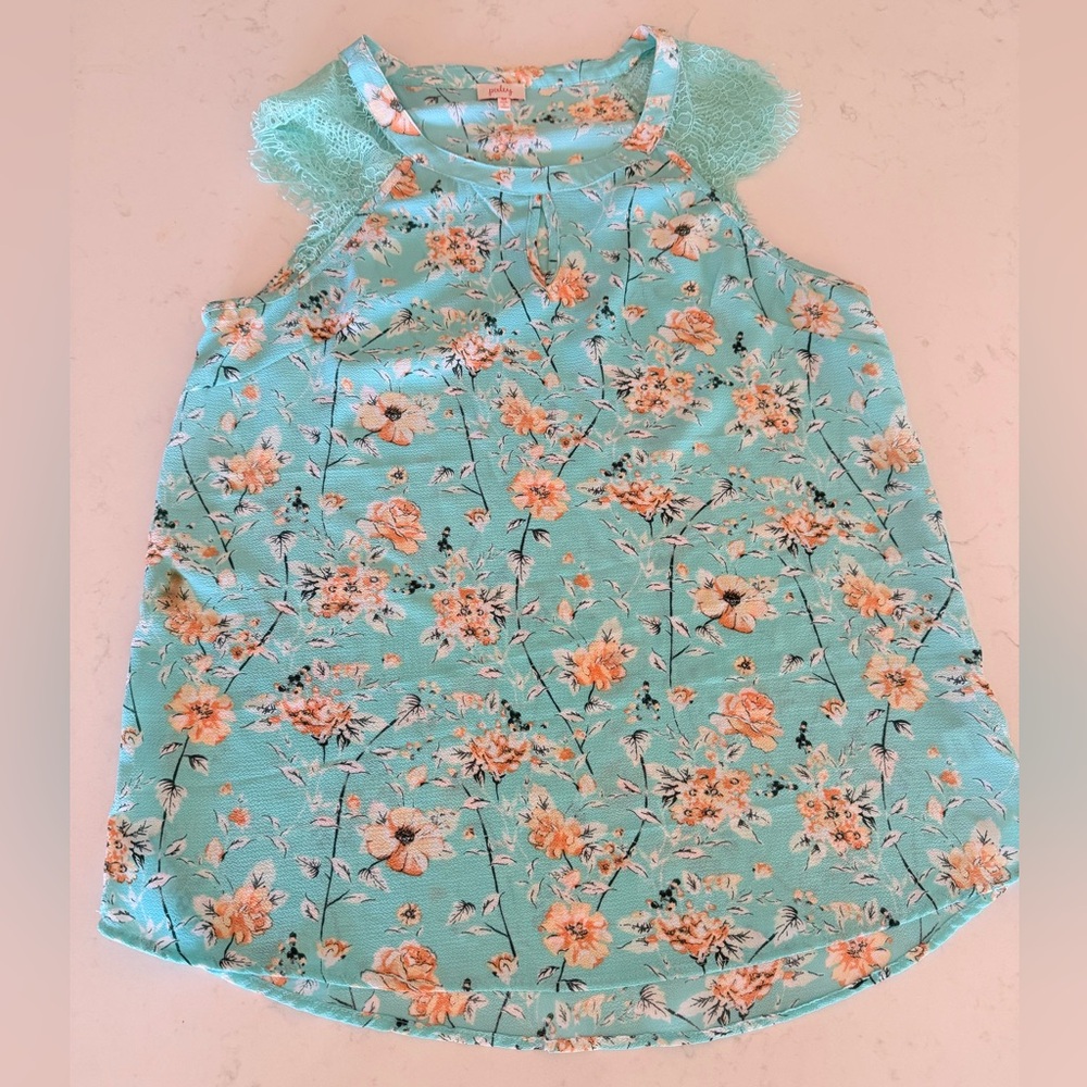 PIXLEY TANK BLOUSE (M); aqua blue, Tiffany blue with floral and lace shoulders
